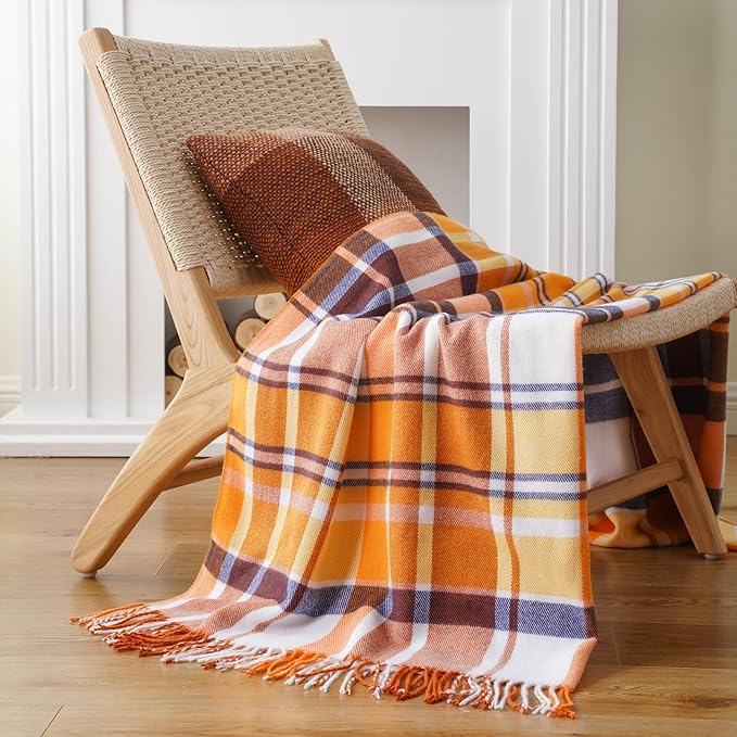 BATTILO HOME Fall Plaid Throw Blanket for Couch Bed, Decorative Orange Fall Blankets, Buffalo Checkered Plaid Blankets and Throws Farmhouse Style for Home Fall Decor 50"x60"