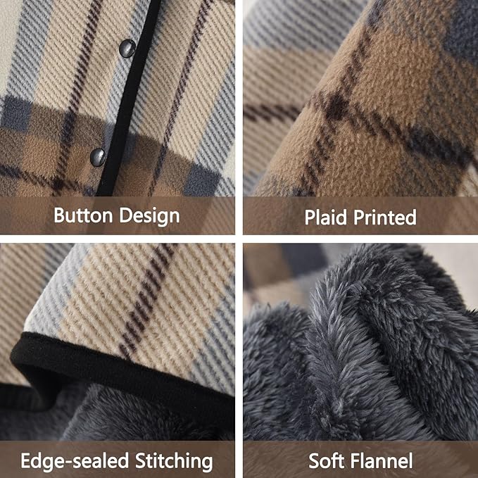 forestfish Fleece Wearable Blanket, Plaid Lap Blanket Comfy Poncho Throw with Buttons for Bed Sofa Office, Mocha