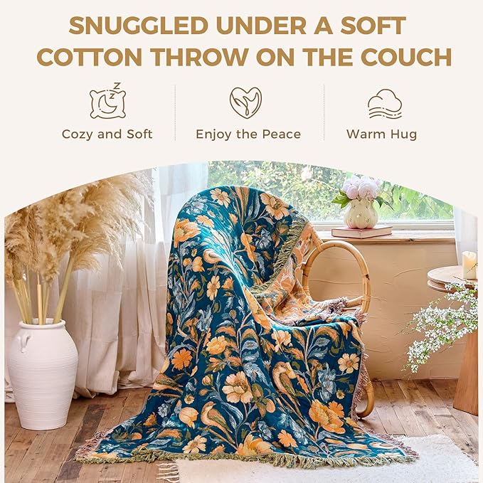 Boho Throw Blanket for Couch Sofa Chair Cotton Spring Blankets for Bedroom Living Room All Season Soft Lightweight Reversible Floral Bird Embroidery Decorative Throws 50"x60"