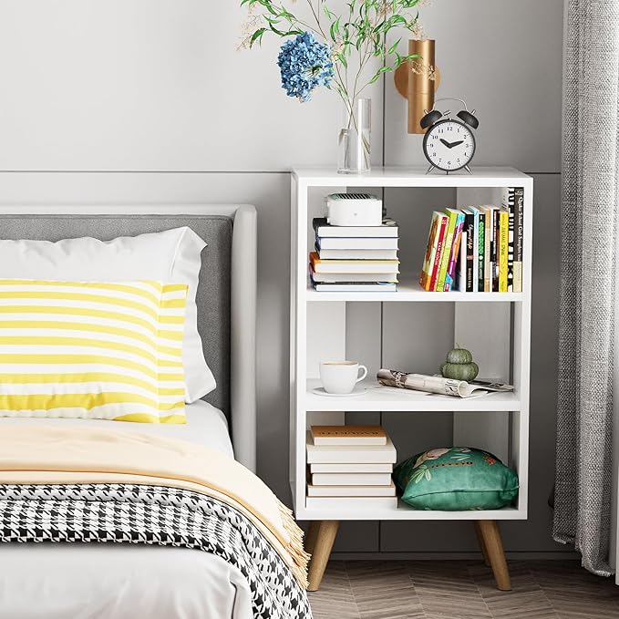 Night Stand, White Nightstand, Modern End Table with Open Storage, 3-Tier Wooden Bedside Table for Small Space, Living Room, Bedroom