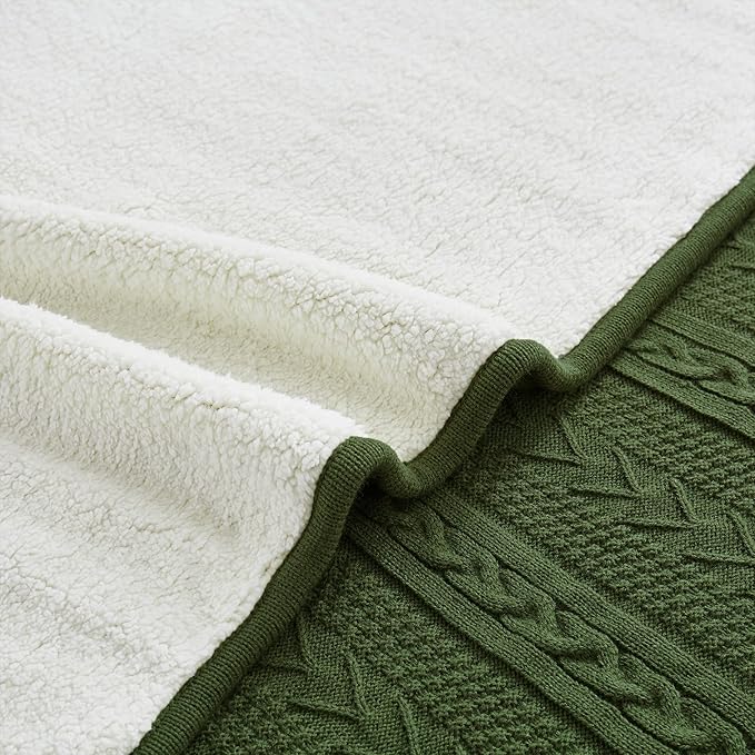 Longhui bedding Olive Green Acrylic Cable Knit Sherpa Throw Blanket - Thick, Soft, Big, Cozy Olive Green Knitted Fleece Blankets for Couch, Sofa, Bed - 50 x 63 Inches