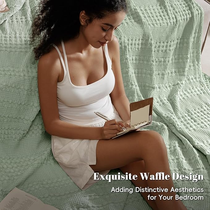 PHF 100% Cotton Waffle Weave Blanket Twin Size for Bed, Soft Lightweight & Breathable for Spring and Summer, All-Season Comfort, Luxury Aesthetic Blanket for Home Decor, 66"x90", Mint Green