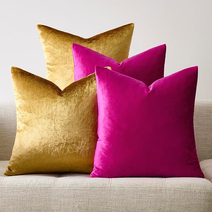 GIGIZAZA Velvet Pillow Covers 16x16,Hot Pink Gold Soft Throw Pillow Covers Set of 4 Square Decorative Modern Pillows Covers for Living Room