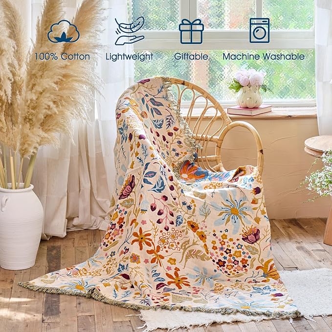 Boho Throw Blanket - 100% Cotton Throw Blankets for Bed Couch, 60"x80" Soft Muslin Lightweight Spring Throw Blanket, Cozy Floral Butterfly Printed Bohemain Bedding Decor Beige Throw Quilt