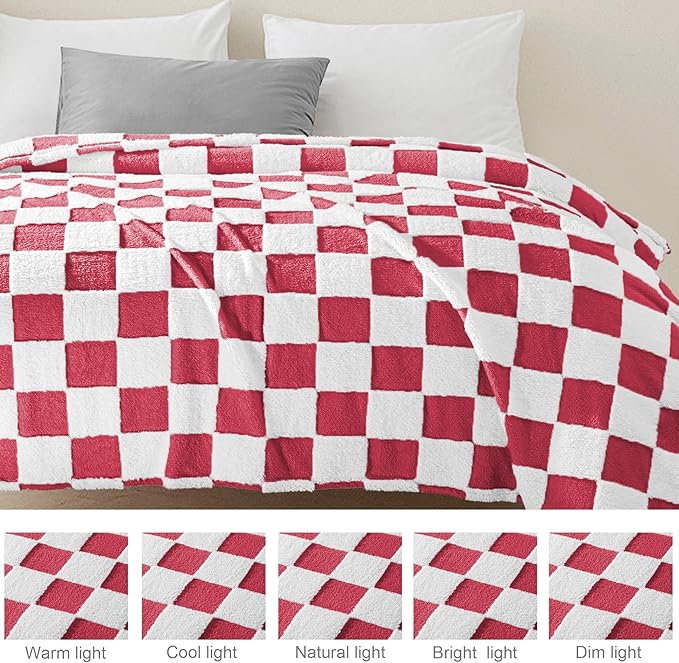 Exclusivo Mezcla Checkered Throw Blanket, Super Soft and Warm Fluffy Fleece Blanket for Couch, Sofa, Bed, Cute Plaid Pattern, Red, 50" x 60"