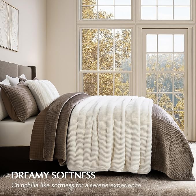 EVERGRACEHOME Ultra Soft Faux Fur Throw Blanket for Couch, Luxury Sculpted Texture Faux Rabbit Fur Blanket for Bed, Fluffy Thick Plush Warm Fuzzy Throw, 920GSM (Bright White, 60''x80'')