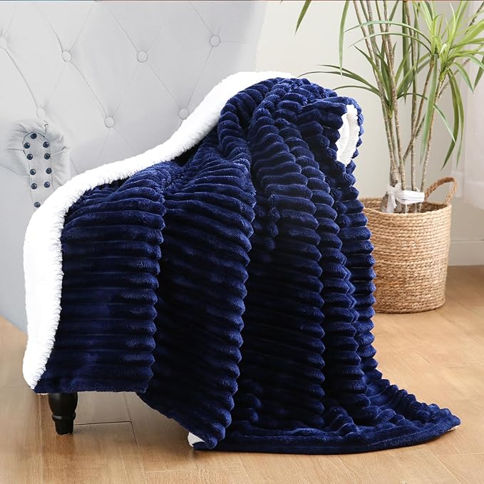 Navy Blue Sherpa Fleece Throw Blanket 90”×90” for Couch Sofa Bed,Super Soft Cozy Plush Double Side Thick Flannel Blanket with Striped Design Lightweight for Adults,Woman,Girls
