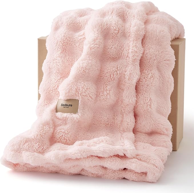 Bedsure 3D Fleece Bubble Blanket for Couch - GentleSoft Pink Twin Blanket for Sofa Bed Girls Room Decor - Luxury Soft Cozy Spring Gifts for Her Women, Lightweight, All Seasons, Crystal Pink, 60"×80"