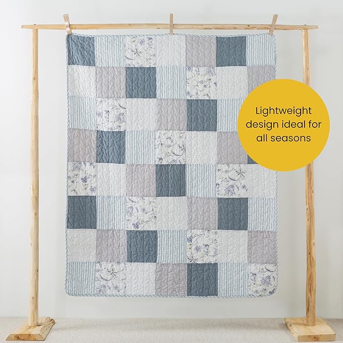 SLPR Cotton Quilted Throw Blanket, 50" x 60" Floral Farmhouse Patchwork Quilt, Shabby Chic Patchwork Throw Lap Quilt for Couch, Coastal Dream
