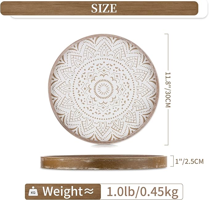 Hanobe Decorative Coffee Table Tray: Round Wood Trays for Boho Home Decor 12 Inch Rustic Farmhouse Centerpiece for Living Dining Room Ottoman Kitchen Counter Brown