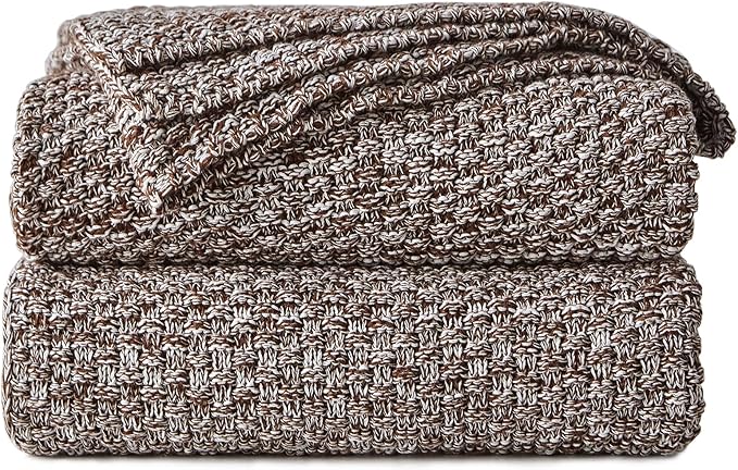 Longhui bedding Coffee Knitted Throw Blanket for Couch, Soft, Cozy Machine Washable 100% Cotton Sofa Knit Blankets, Heavy 3.0lb Weight, 51 x 63 Inches, Coffee and White Color.