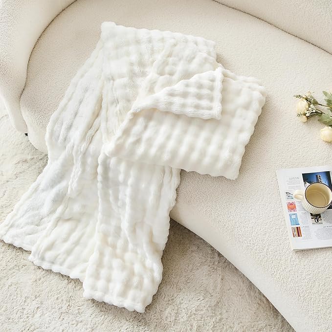3D Bubble Plush Blanket Textured Fleece Throw Soft Warm Cozy Blanket Couch Bed Twin Snow White 60x80 Inches