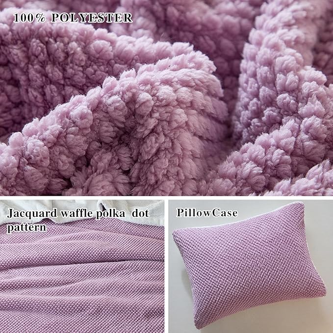 Luxury Flannel Fleece Sherpa Blankets Twin Size for Bed, Jacquard Boho 3-Layer Thick and Warm Blanket for Winter, Soft Cozy Fuzzy Plush Velvet Blanket with 2 Pillow Cases, Purple, 68x86 Inches