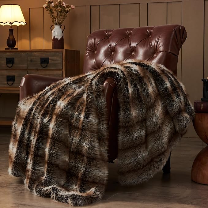 NEWCOSPLAY Faux Fur Throw Blanket Luxury Fluffy Thick Warm Blanket for Couch Sofa Bed 1000GSM (Stripe Dark Brown Thick, Throw(50"x60"))