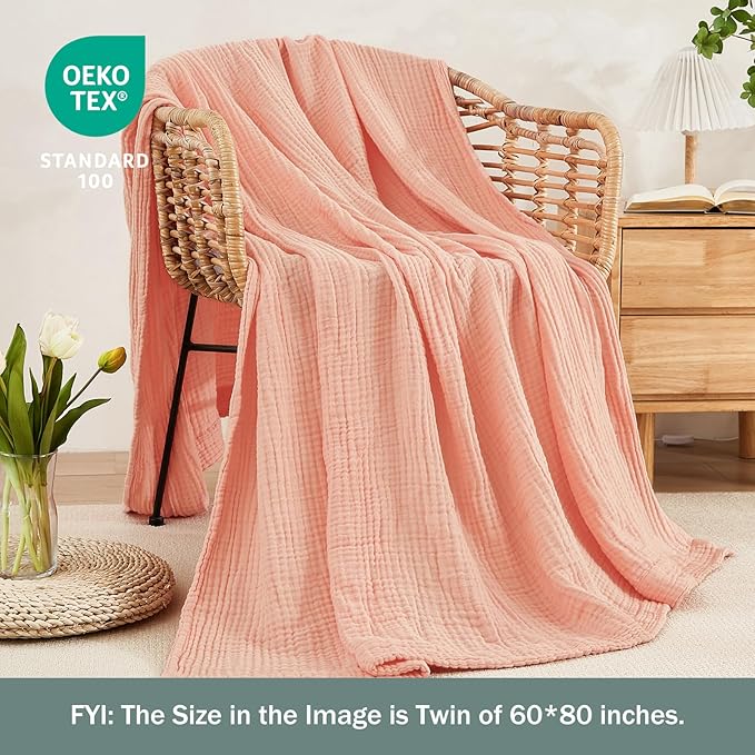 EMME Cotton Muslin Queen Blanket Bed Layering Bedspread Coverlet Breathable Gauze Soft Lightweight Adults (Pink,90"x90")
