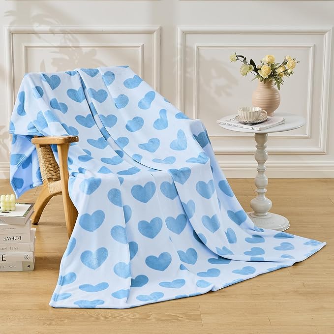FY FIBER HOUSE Heart Flannel Throw Blanket Soft Cozy Blankets for Lover Gifts All Season Use, 60x80 Inches, Blue