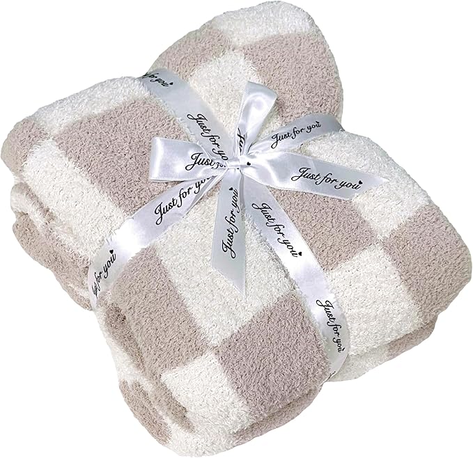 Soft Checkered Throw Blanket, Ultra Cozy Knit Throw Blanket Fluffy Fuzzy Reversible Checkerboard Blanket for Travel Couch Sofa Bed Decor, 51x63 inches, Cream White