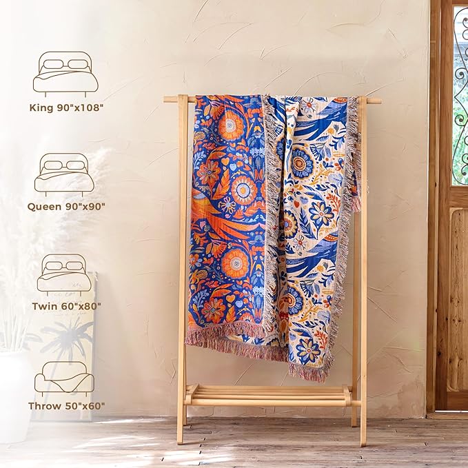 Boho Throw Blanket for Couch Sofa Chair Cotton Spring Blankets for Bedroom Living Room All Season Soft Lightweight Reversible Floral Bird Embroidery Throws 50"x60"