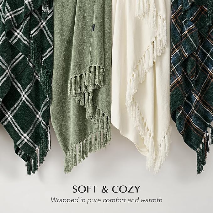 EverGrace Soft Chenille Throw Blanket for Couch, Cozy Plush Fuzzy Decorative Chenille Knit Throw Blanket with Tassels, Lightweight Blanket and Throws for Bed Sofa Gift Home Decor, Sage Green 60"x80"