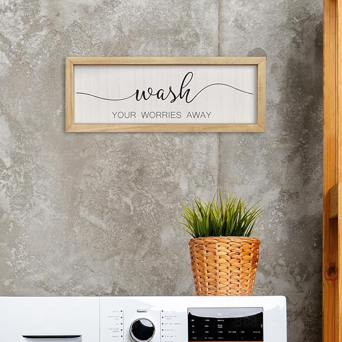 comurdyo Funny Laundry Room Plaque Wash Your Worries Away Bathroom Sign Wall Decor Inspirational Quote 16×6 Inch for above the Bathtub Restroom Small Wooden Framed Wall Hanging Art (Wood)