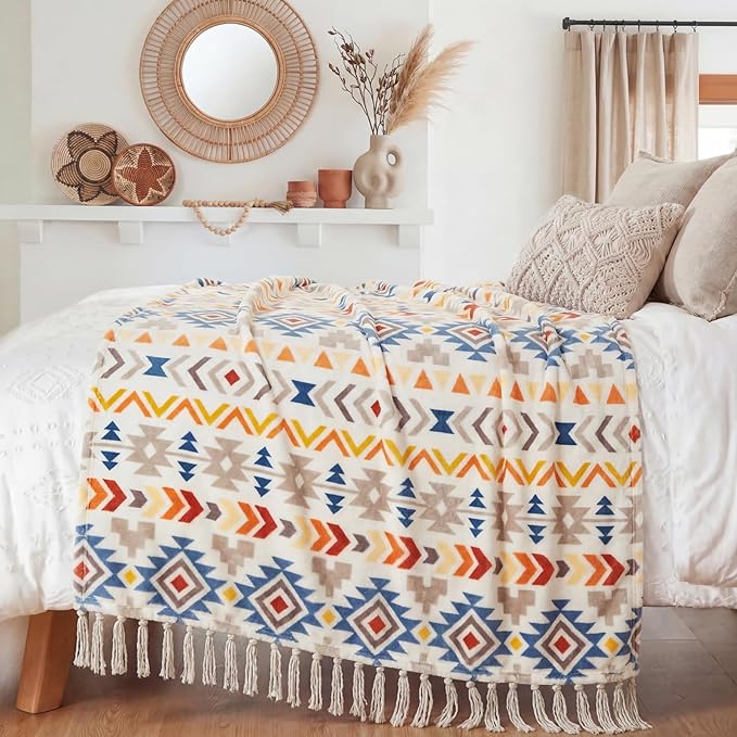 CASAAGUSTO Boho Throw Blanket - Colorful Decorative Blankets with Tassel, Printed Flannel Bohemian Blanket for Chair, Bed, Sofa, Couch(60 * 80, Colorful)
