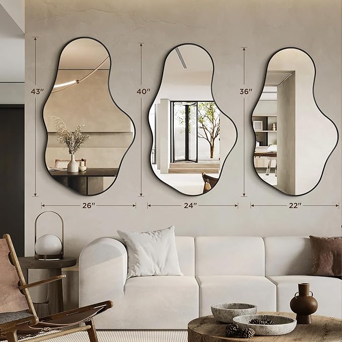 Bathroom Mirrors for Over Sink - Wall Mirrors Decorative 26"x 43" Asymmetrical Abstract Aviation Aluminum Alloy Frame Unique for Bathroom, Bedroom, Living Room, Cloakroom, Entryway Black