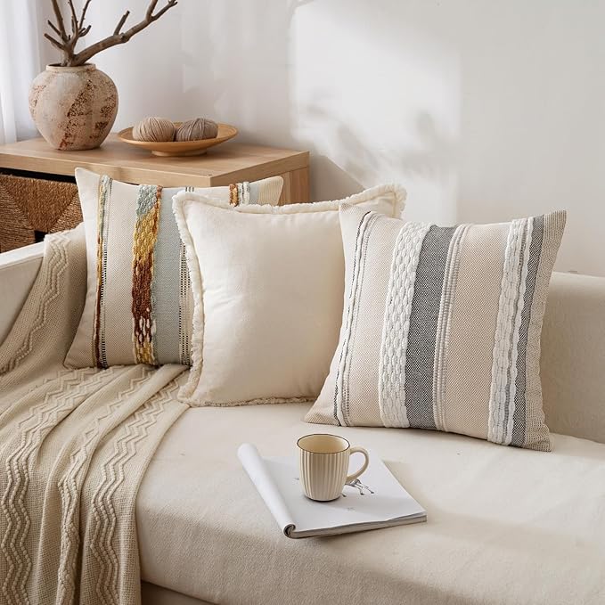 ANRODUO Pack of 2 Boho Decorative Throw Pillow Covers 24x24 Farmhouse Cushion Case Striped Chenille Pillow Cases Square Pillow Covers Accent Neutral Pillowcase for Sofa Couch Bed, Blue-Earth Tones