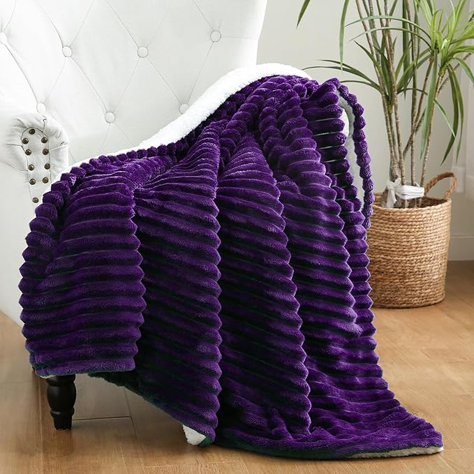 Purple Sherpa Fleece Throw Blanket 50”×60” for Couch Sofa Bed,Super Soft Cozy Plush Double Side Thick Flannel Blanket with Striped Design Lightweight for Adults,Woman,Girls