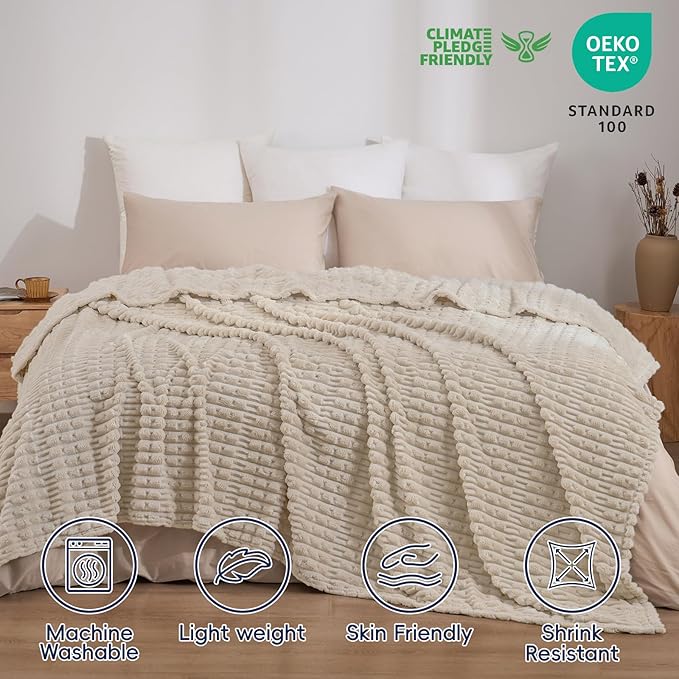 PHF Ultra Soft Flannel Fleece Blanket Queen Size, Lightweight 3D Jacquard Fleece Blanket, No Shedding, No Pilling, Luxury 340GSM Aesthetic Fluffy Cozy for Bed Room Decor, 90"x90", French Oak