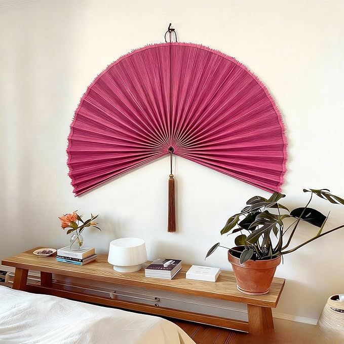 ChumDecor Fan Wall Decor,Japanese Wall Fan Decor,Large Bamboo Fan Wall Art for Boho Hanging Headboard,Decorative Folding Fan for Over Bed Decorations,Large Wall Dcor (Pink, 60 inch)
