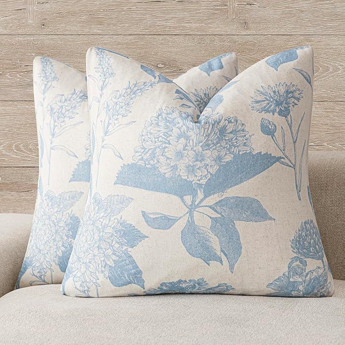 Foindtower Set of 2 Linen Floral Vintage Throw Pillow Covers Neutral Accent Decorative Cozy Cushion Covers Farmhouse Boho Home Decor for Sofa Chair Couch Bedroom Living Room,18×18 Inch,Sky Blue