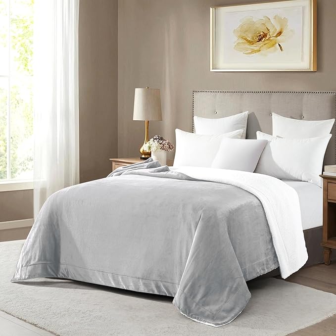 Mocassi Premium Ultra-Soft Flannel Fleece Sherpa Throw Blanket - Warm Cozy Reversible Plush Micromink Blanket for Couch, Bed and Sofa - Fluffy, Christmas Winter Bedding Gift, King, Silver Grey