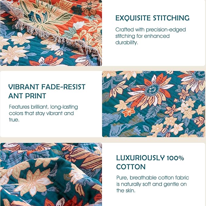 Boho Throw Blanket - 100% Cotton Ultra Soft Muslin Blanket, 90"x90" Lightweight Floral Framhouse Bedding Spring Blanket for Bed, All Season Green Bohemian Bedroom Home Decor Quilt