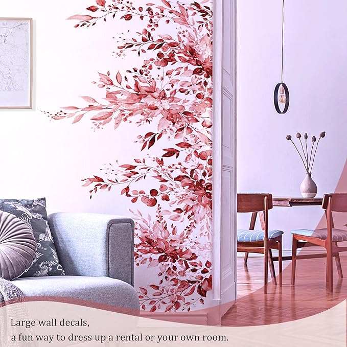 Burgundy Red Plants Leaves Wall Decals Peel and Stick, Large Floral Flowers Vinyl Wall Stickers, Removable Vine Home Decor Art for Bedroom Living Room Classroom Office