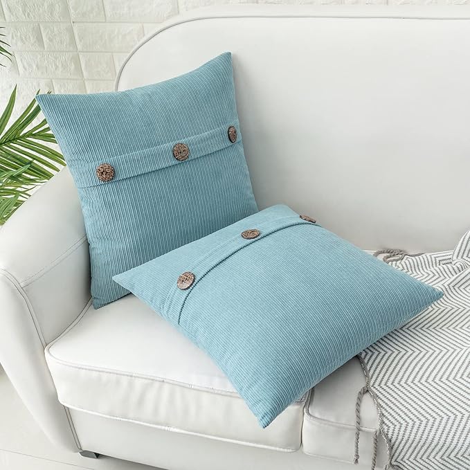 HWY 50 Light Blue Chenille Throw Pillow Covers 22x22 Inch with Triple Buttons, Soft Farmhouse Accent Decorative Cushion Cases for Couch Sofa Bed Living Room Pack of 2