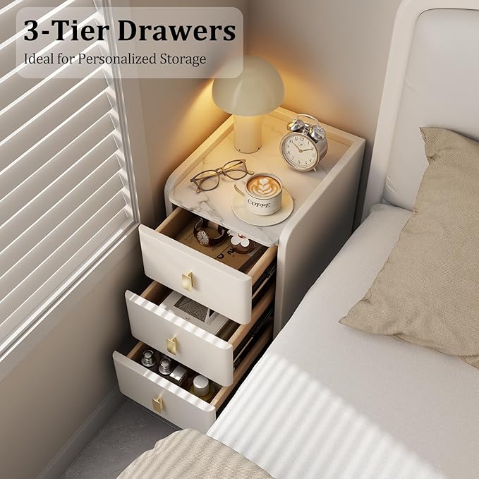 AQIMUELE Narrow Nightstand with Drawers, Narrow Side Table Leather, Small Bedside Tables for Bedroom. (White)