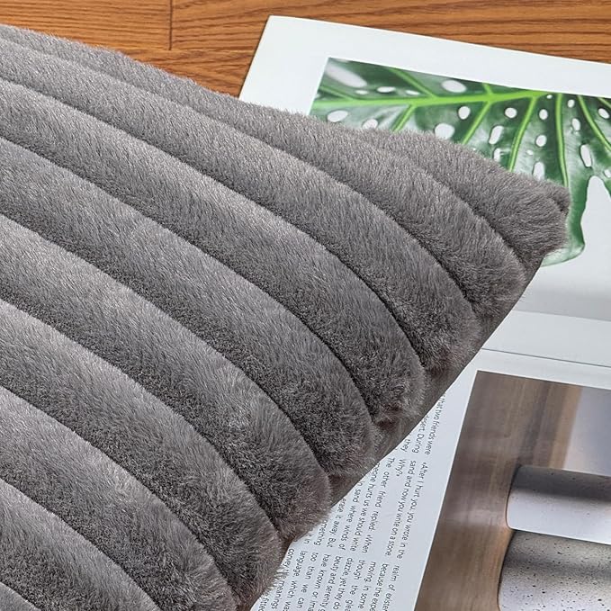 12x20 Throw Pillow Covers Set of 2, Decorative Faux Fur Covers for Bed, Couch Soft Fluffy Pillow Cover with Velvet Back for Living Room, Neutral Home Décor Accent for Sofa - Dark Gray