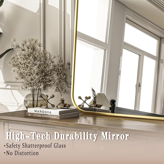 24x36 Inch Bathroom Mirror - Wall Mounted Vanity Mirror with Round Corner Aluminum Alloy Frame, Hanging Horizontally Vertically for Living Room, Bedroom, Hallway as Home Decor,Gold