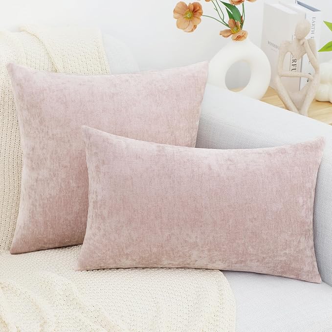 decorUhome Chenille Blush Pink Summer Throw Pillow Covers 26x26 Inch Set of 2, Decorative Soft Couch Pillow Covers Solid Dyed Accent Farmhouse Neutral Square Pillow Cases for Sofa