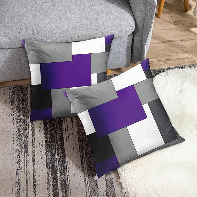Emvency Set of 2 Purple Geometric Throw Pillow Cover Black Grey White Painting Abstract Checkered Design Decorative Pillow Case Modern Home Decor Standard Square 18x18 Inch Cushion Pillowcase