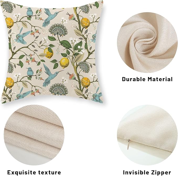 Chinoiserie Pillow Covers 18x18 Set of 2 Blue Green Bird Floral Throw Pillows Vintage Yellow Lemon Flowers Decorations Pillowcase Outdoor Chinoiserie Decor Linen Cushion Case for Couch Home