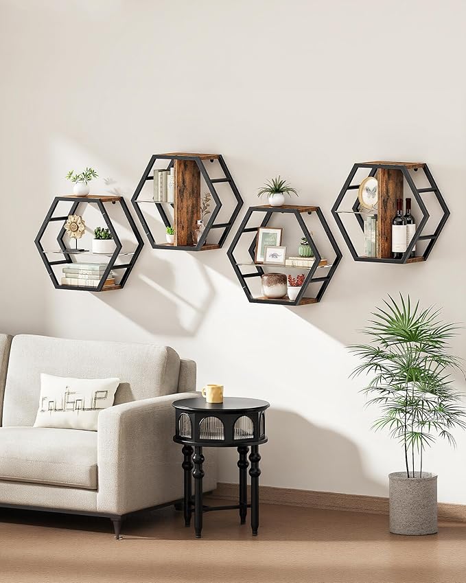 Hexagon Floating Shelves Set of 2, 18.9" Glass Hanging Shelves for Wall Decor, Wall Storage Rack and 12 S-Hooks, for Living Room, Bedroom, Office, Game Center, Rustic Brown TBJ08BF