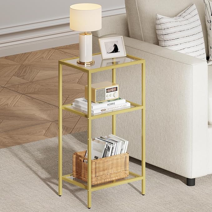 Side Tables Set of 2, Tempered Glass End Table with Metal Frame, 3-Tier Small Nightstands with Storage Shelves,Tall Table Stand for Home Decor, Living Room, Bedroom, Office, Gold（2 Pack）