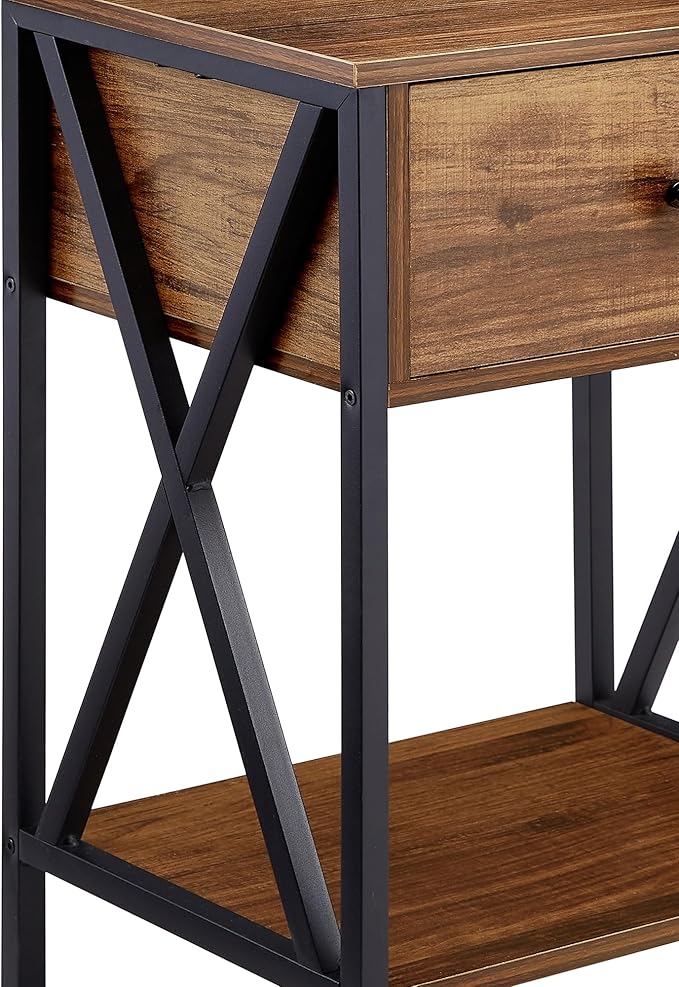 VECELO Nightstands Set of 2, Modern Bedside End Tables, Night Stands with Drawer and Storage Shelf for Living Room Bedroom, Industrial Metal Frame