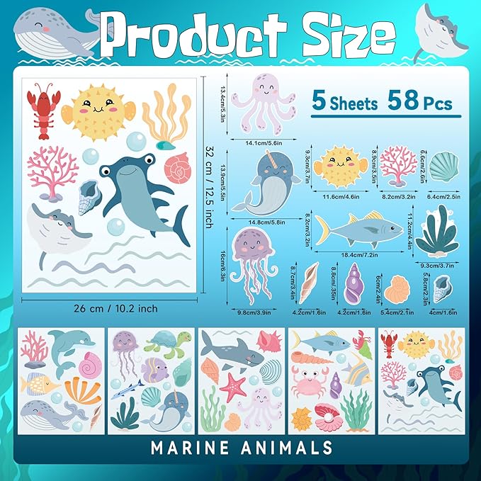 Ocean Animals Wall Decals - 5 Sheets 58 Pcs Under The Sea Theme Wall Decor Peel and Stick Ocean Wall Stickers for Home Kids Room Nursery Décor