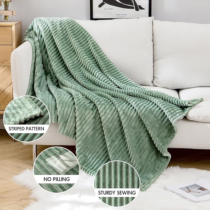 MIULEE Fleece Throw Blanket with Stripe Pattern 300GSM Super Soft Fuzzy Sage Green 3D Ribbed Jacquard Blanket for Couch Plush Warm Cozy Bed Blanket for Bed Sofa Chair Throw Size 50"x60"
