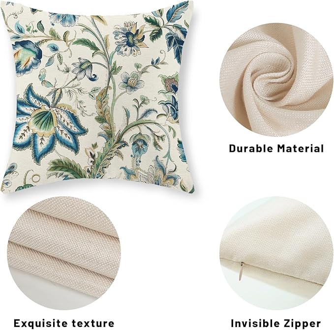 Blue Green Pillow Covers 20x20 Set of 2 Sage Green Chinoiserie Floral Throw Pillows Boho Vintage Flowers Decorative Pillowcase Outdoor Chinoiserie Decor Farmhouse Cushion Case for Couch Sofa