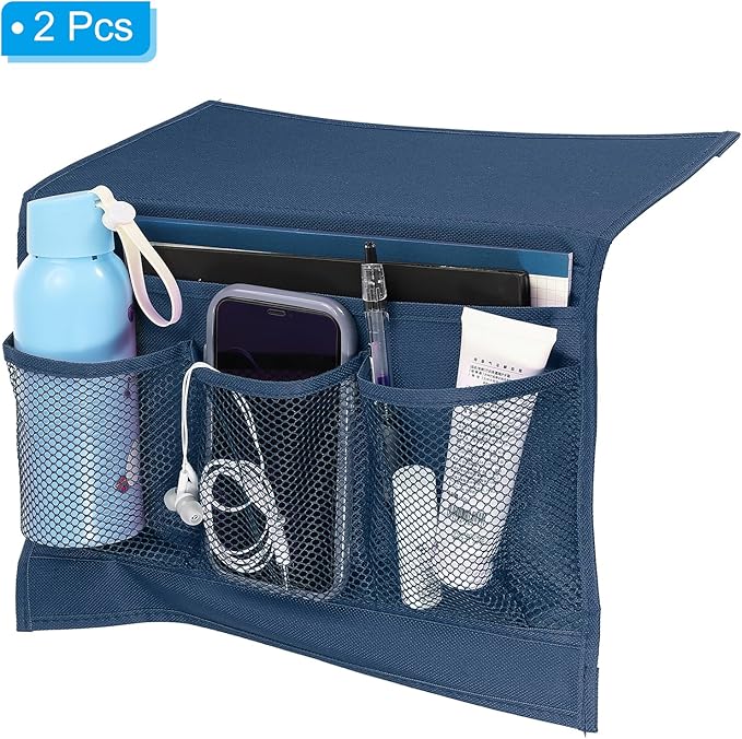 PATIKIL 2pcs Bedside Caddy, Bed Caddy Bedside Organizer Bed Hanging Caddy 4 Pockets Bed Pockets Bedside Storage Hanging Storage Bag for Remote Control Bedroom Phones Glasses, Blue