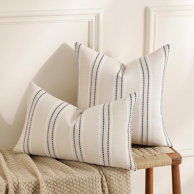 Hckot Navy Blue Throw Pillow Covers 24x24 Set of 2 Striped Pillow Covers Textured Linen Decorative Pillows Square Cushion Covers for Sofa Couch Bed Living Room Farmhouse Decor