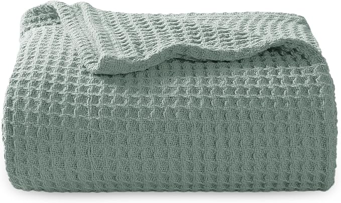 Bedsure Gentlesoft 100% Cotton Blanket Twin XL Size for College Dorm - Cooling Breathable and Soft for Spring Summer, Waffle Weave Twin Blanket for Bed, Dorm Room Essentials, Sage Green, 66x90 inches
